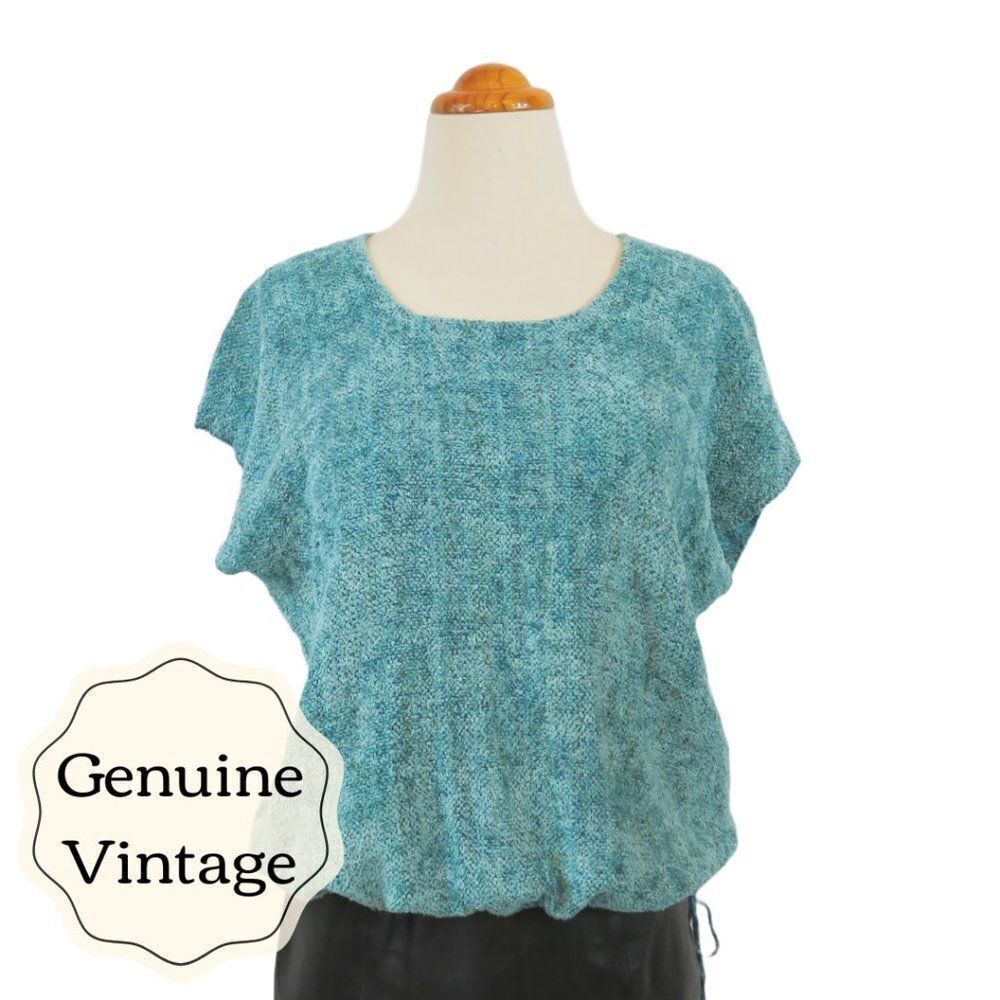 Vintage Woven Top- 80's - Turquoise - Loose Fit - Drawstring Hem - 1980s - Aqua 